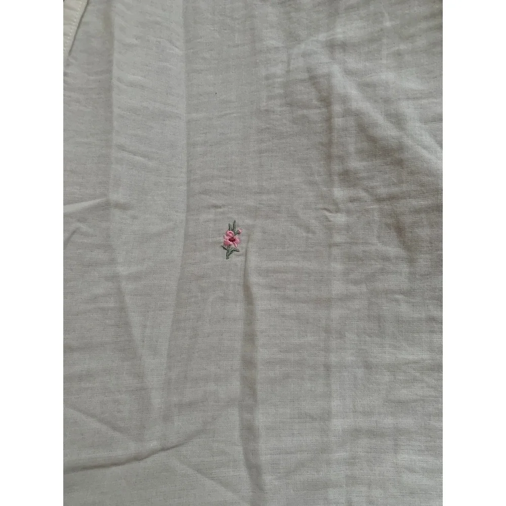White Cotton Floral Embroidered Shower Curtain Pink Rosebud Cottagecore 70x75
